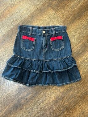 Gymboree Dark Denim Ruffle Skirt with Red Bow Pockets